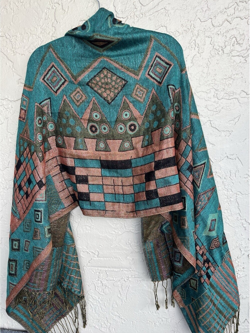 Pashmina Style Shawl Wrap Scarf Turquoise Pink Geometric Fringe Boho